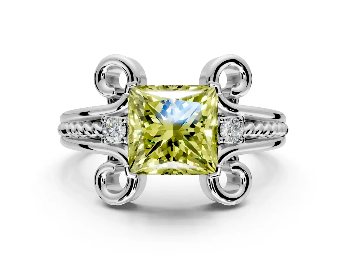 Solitaire Engagement Ring Setting for Fancy Yellow Princess Cut Center with Twisted Band and Scroll Prong Head in Platinum