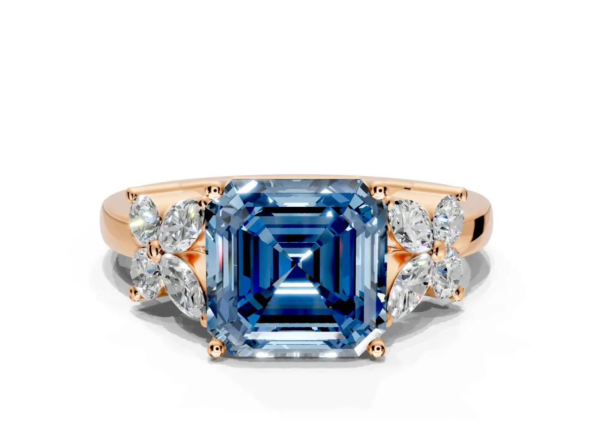 Floral Engagement Ring Setting for Fancy Blue Asscher Cut Center with Marquise Cluster Shoulders and Prong Head in Rose Gold