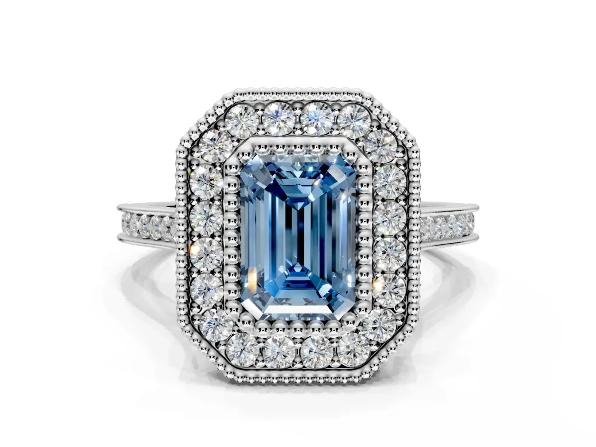 Halo Engagement Ring Setting for Fancy Blue Emerald Cut Center with Milgrain Frame, Pave Band and Prong Head in Sterling Silver
