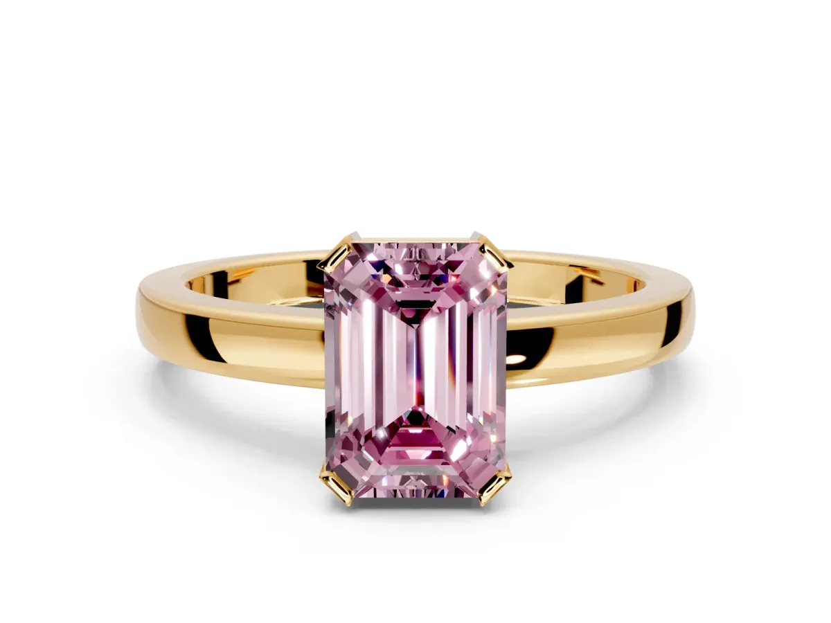 Solitaire Engagement Ring Setting for Fancy Pink Emerald Cut Center with Plain Band and Flat Tab Prong Head in Yellow Gold