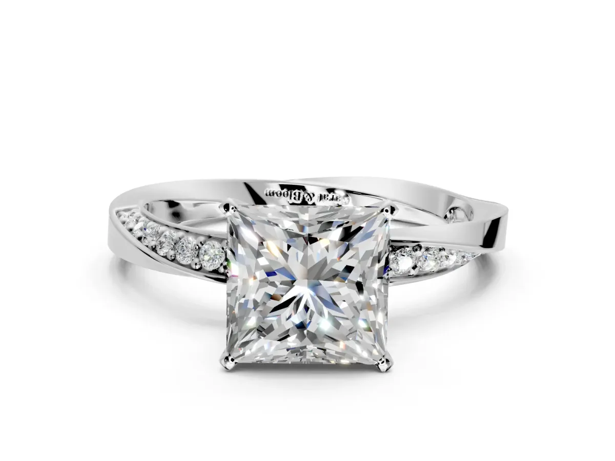 Side Accent Engagement Ring Setting for Princess Cut Center with Accent Shoulders and Prong Head in White Gold