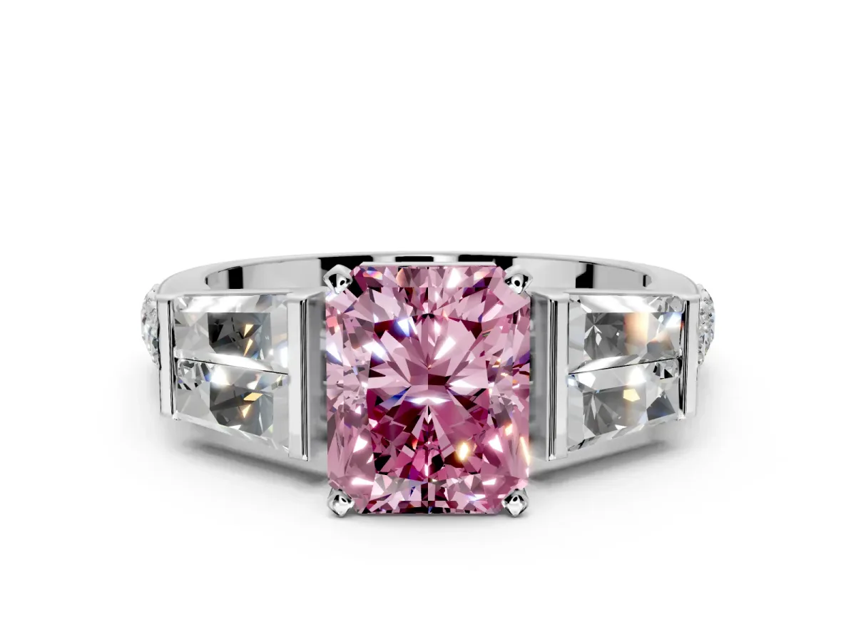 Channel-Set Engagement Ring Setting for Fancy Pink Radiant Cut Center with Baguette Band and Prong Head in Platinum