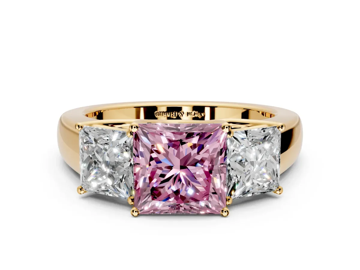 3 Stone Engagement Ring Setting for Fancy Pink Princess Cut Center with Raised Basket Heads and Prong Head in Yellow Gold