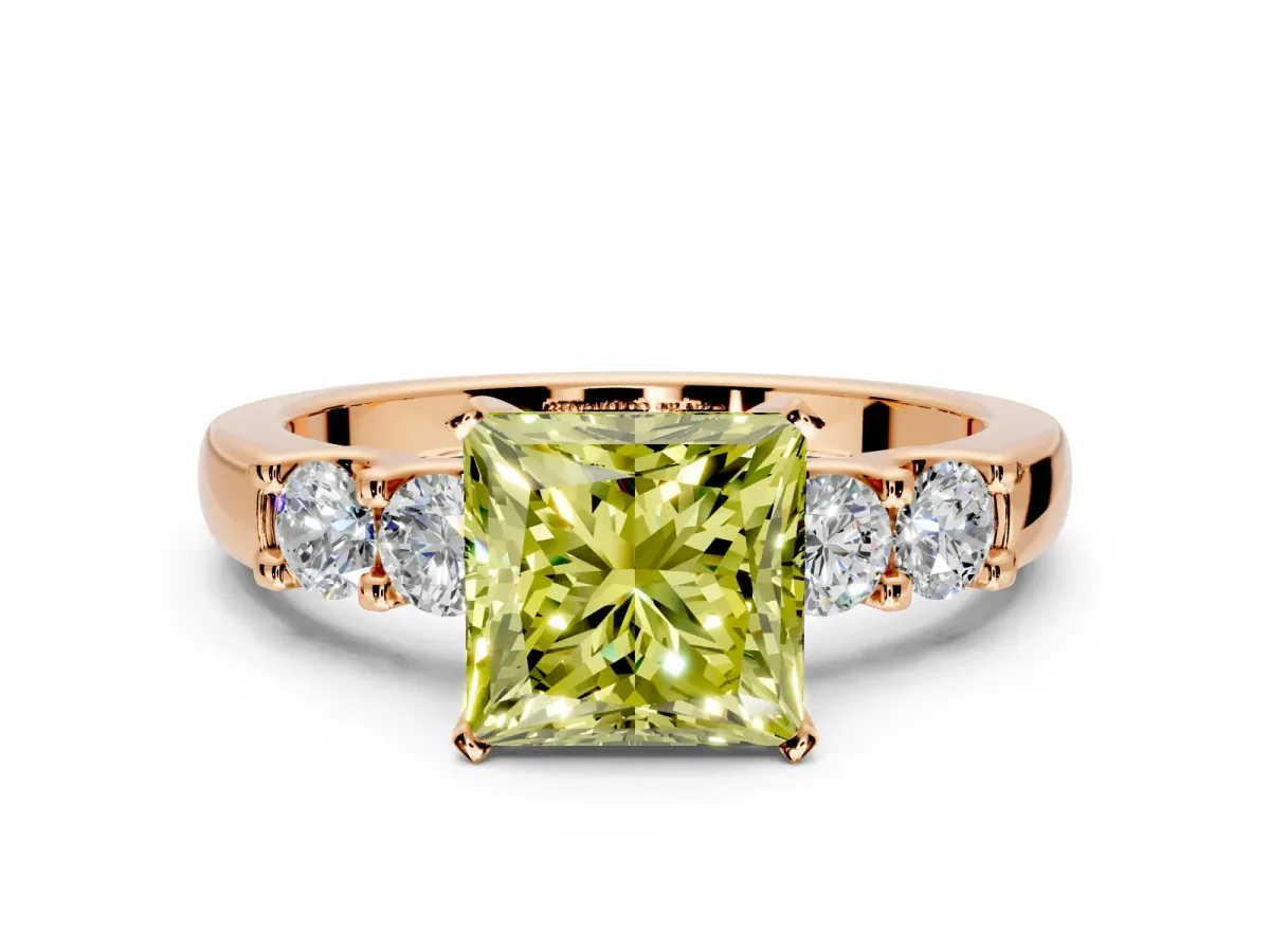 5 Stone Engagement Ring Setting for Fancy Yellow Princess Cut Center with Plain Band and Prong Head in Rose Gold