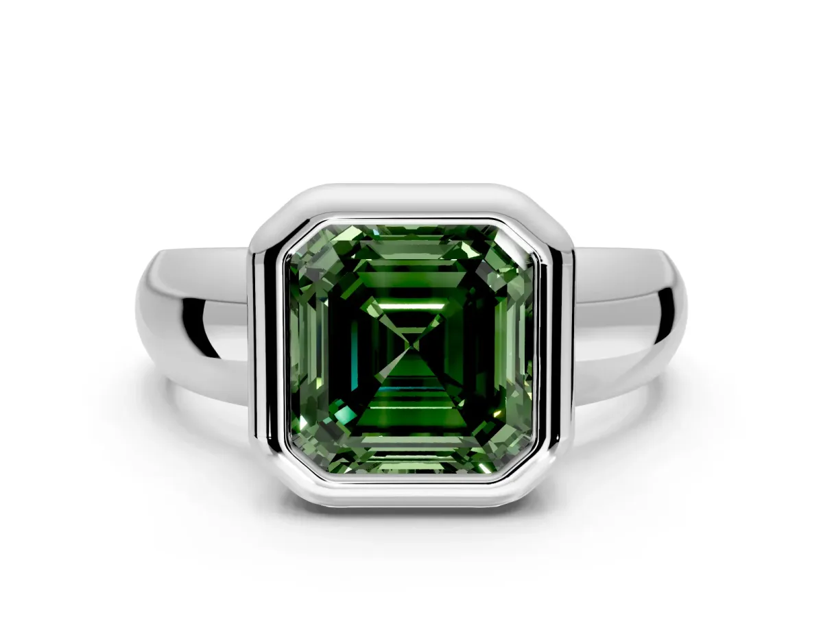 Solitaire Engagement Ring Setting for Fancy Green Asscher Cut Center with Wide Band and Bezel Head in White Gold