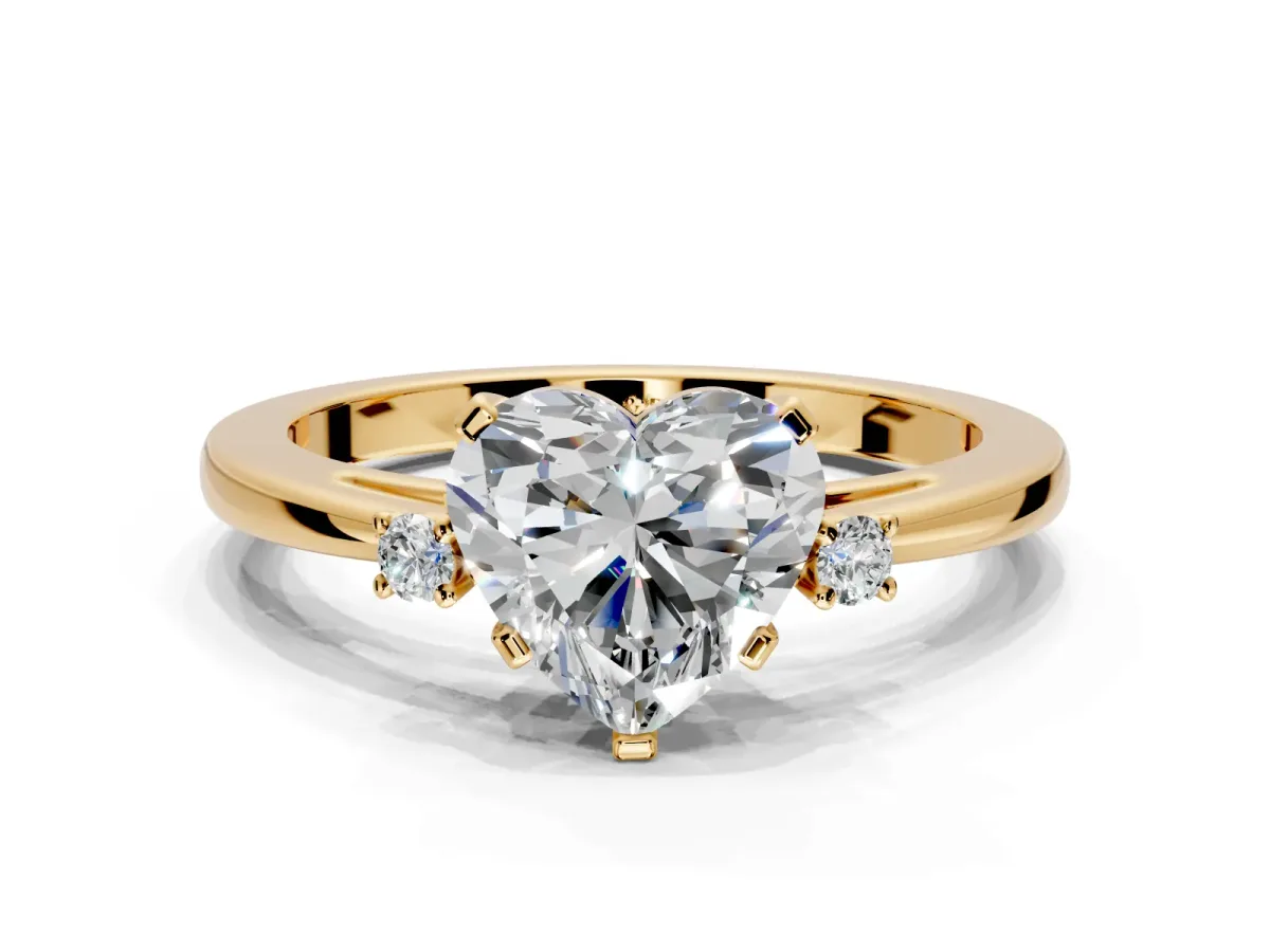 3 Stone Engagement Ring Setting for Heart-Shaped Center with Low-Set Round Cut Accents and Prong Head in Yellow Gold