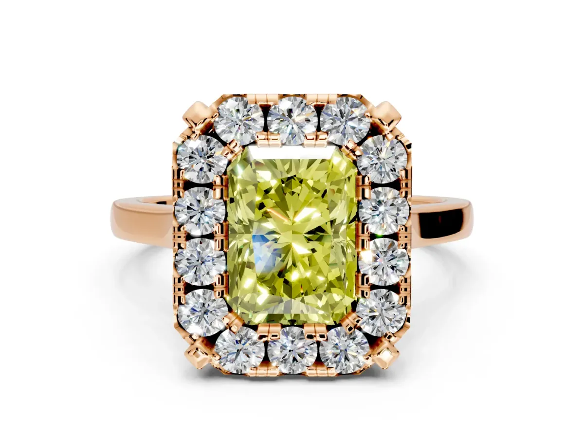 Single Halo Engagement Ring Setting for Fancy Yellow Radiant Cut Center with Corner Claws, Plain Band and Prong Head in Rose Gold