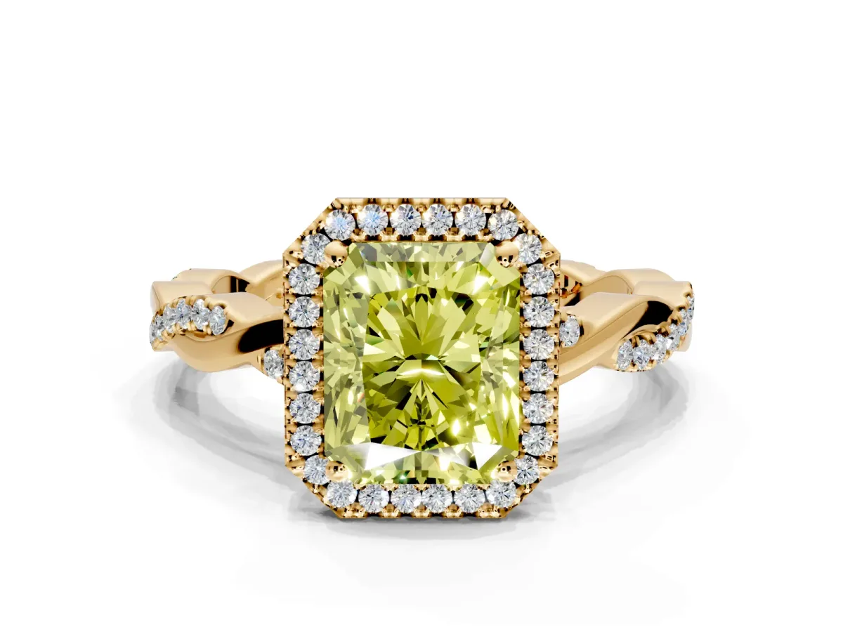 Halo Engagement Ring Setting for Fancy Yellow Radiant Cut Center with Pave and Plain Twist Band and Prong Head in Yellow Gold