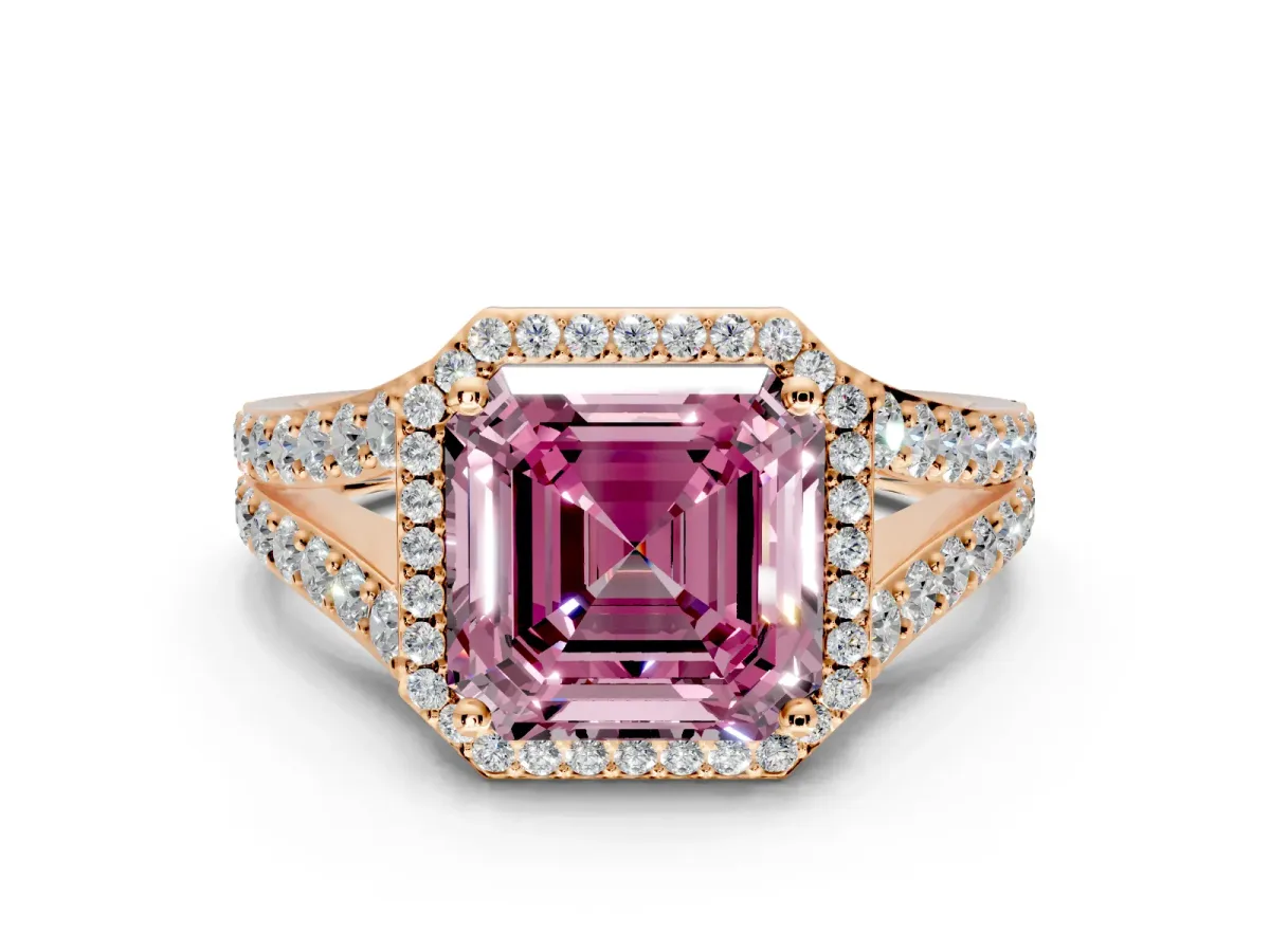 Halo Engagement Ring Setting for Fancy Pink Asscher Cut Center with Narrow Pave Split Shank and Prong Head in Rose Gold