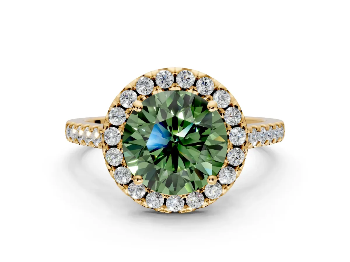 Halo Engagement Ring Setting for Fancy Green Round Cut Center with Raised Halo, Pave Band and Prong Head in Yellow Gold