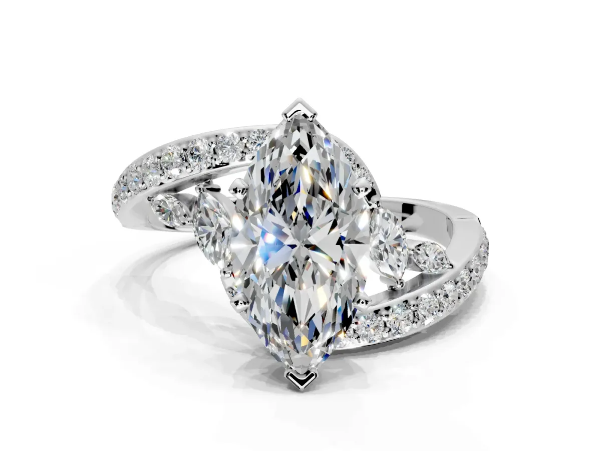 Solitaire Engagement Ring Setting for Marquise Center with Pave Bypass Twist Band and Prong Head in White Gold
