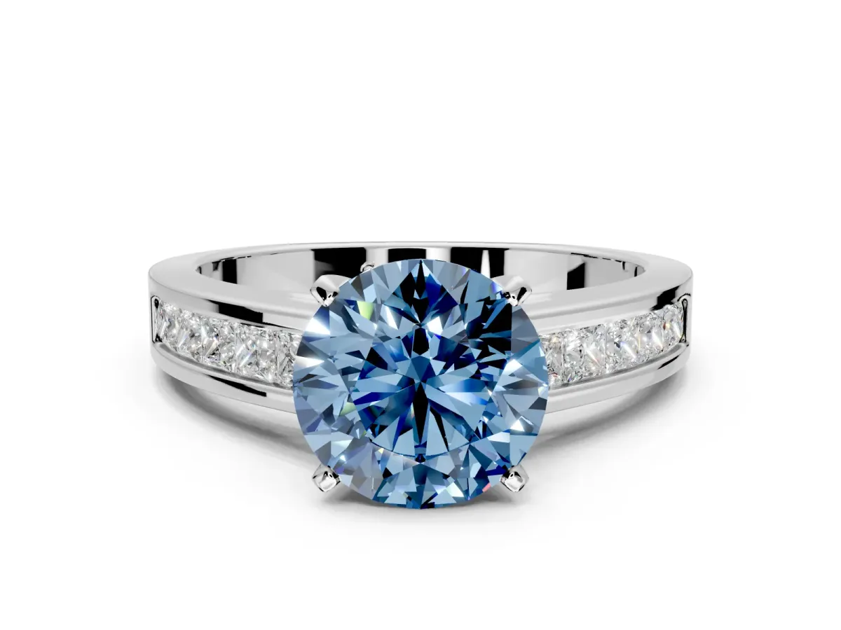 Solitaire Engagement Ring Setting for Fancy Blue Round Cut Center with Princess Cut Channel Band and Prong Head in Sterling Silver