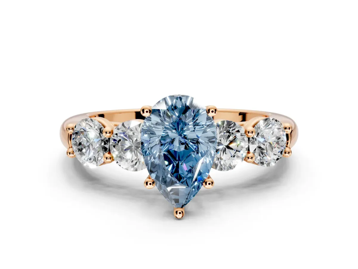 5 Stone Engagement Ring Setting for Fancy Blue Pear-Shaped Center with Graduated Accents and Prong Head in Rose Gold