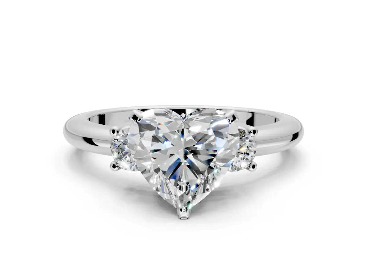 3 Stone Engagement Ring Setting for Heart-Shaped Center with Wide Plain Band and Prong Head in Platinum