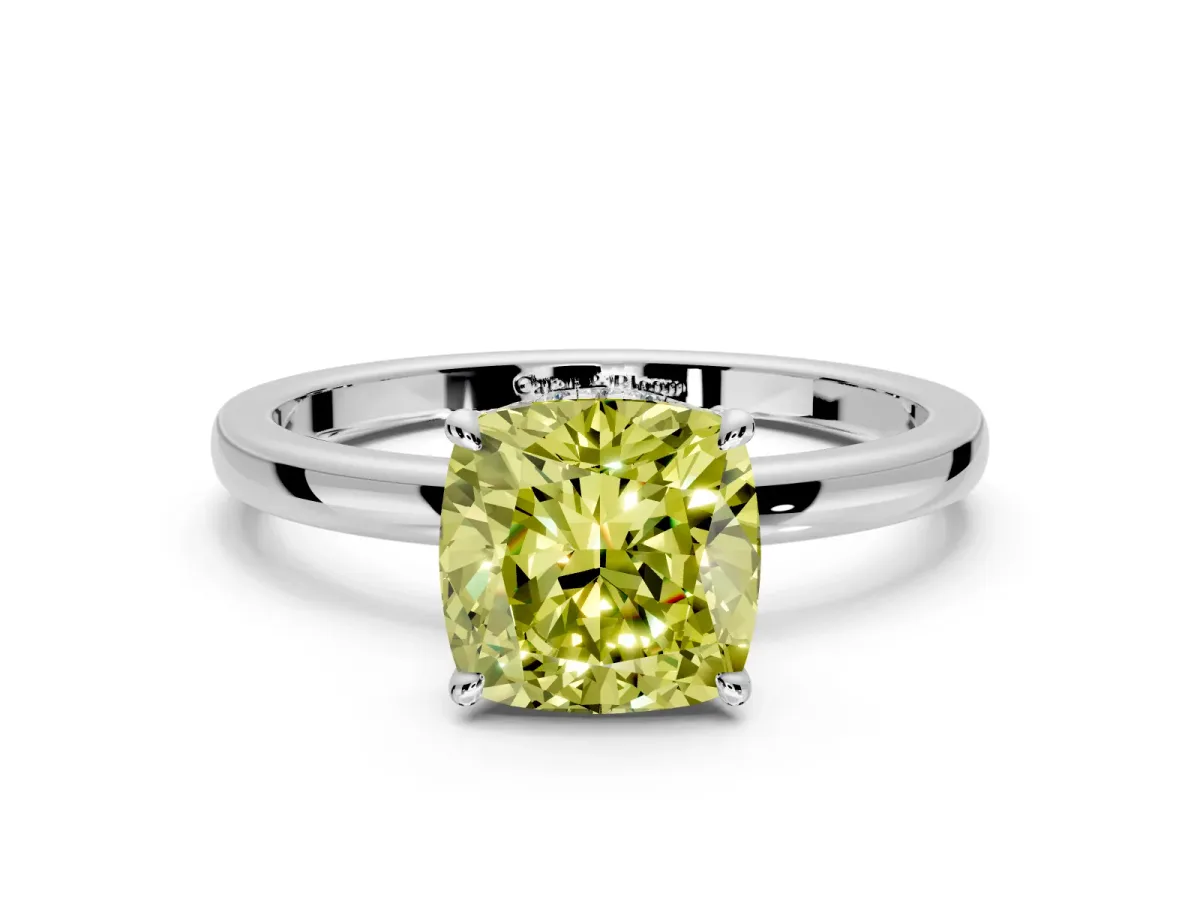 Hidden Halo Engagement Ring Setting for Fancy Yellow Cushion Cut Center with Plain Band and Tall Prong Head in Sterling Silver