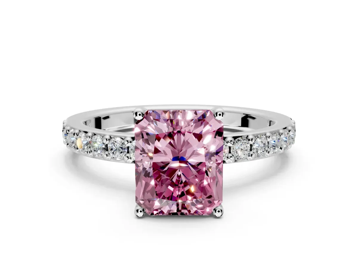 Solitaire Engagement Ring Setting for Fancy Pink Radiant Cut Center with Round Cut Pave Band and Prong Head in Platinum