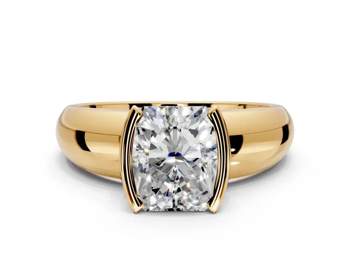 Tension Engagement Ring Setting for Radiant Cut Center with Wide Flat Band and Tension Head in Yellow Gold