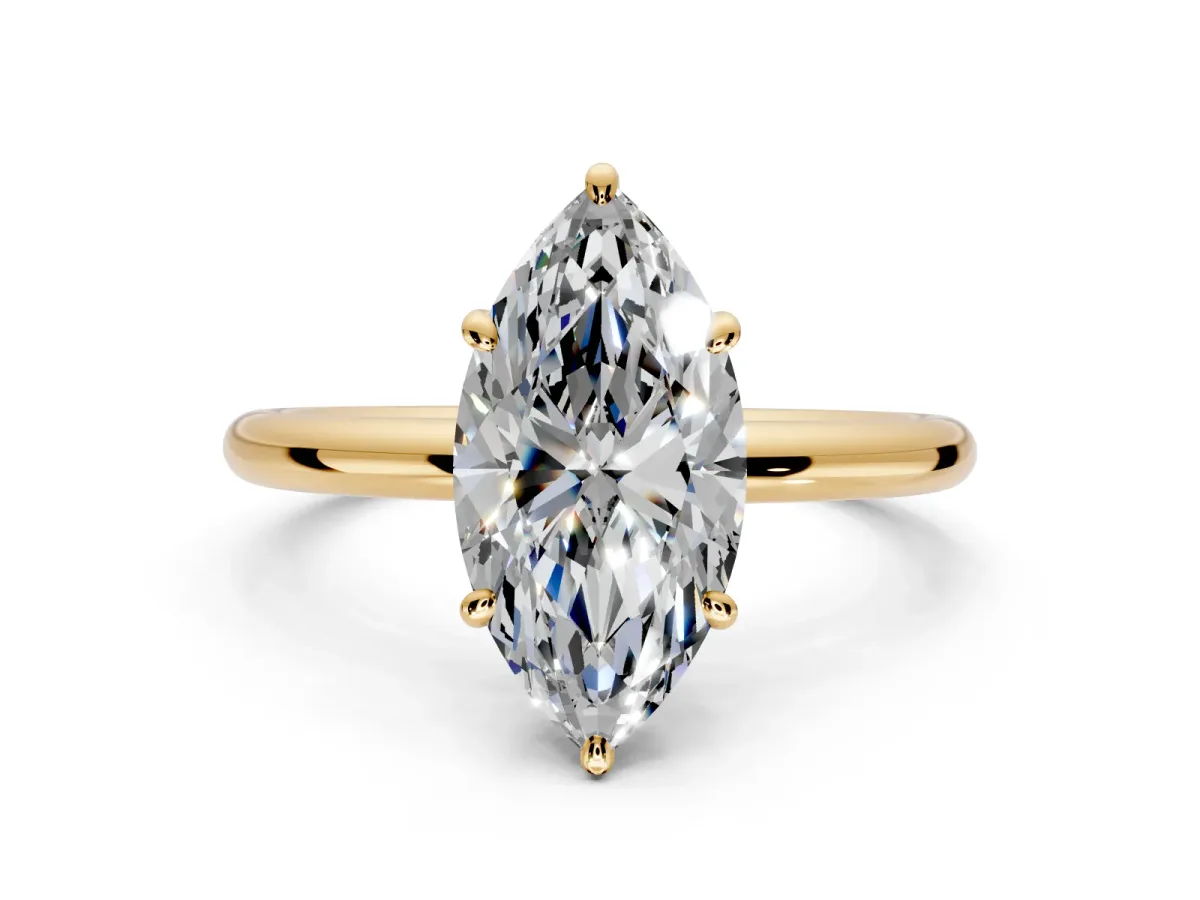 Low-Set Solitaire Engagement Ring Setting for Oval Center with Thin Plain Band and Prong Head in Yellow Gold