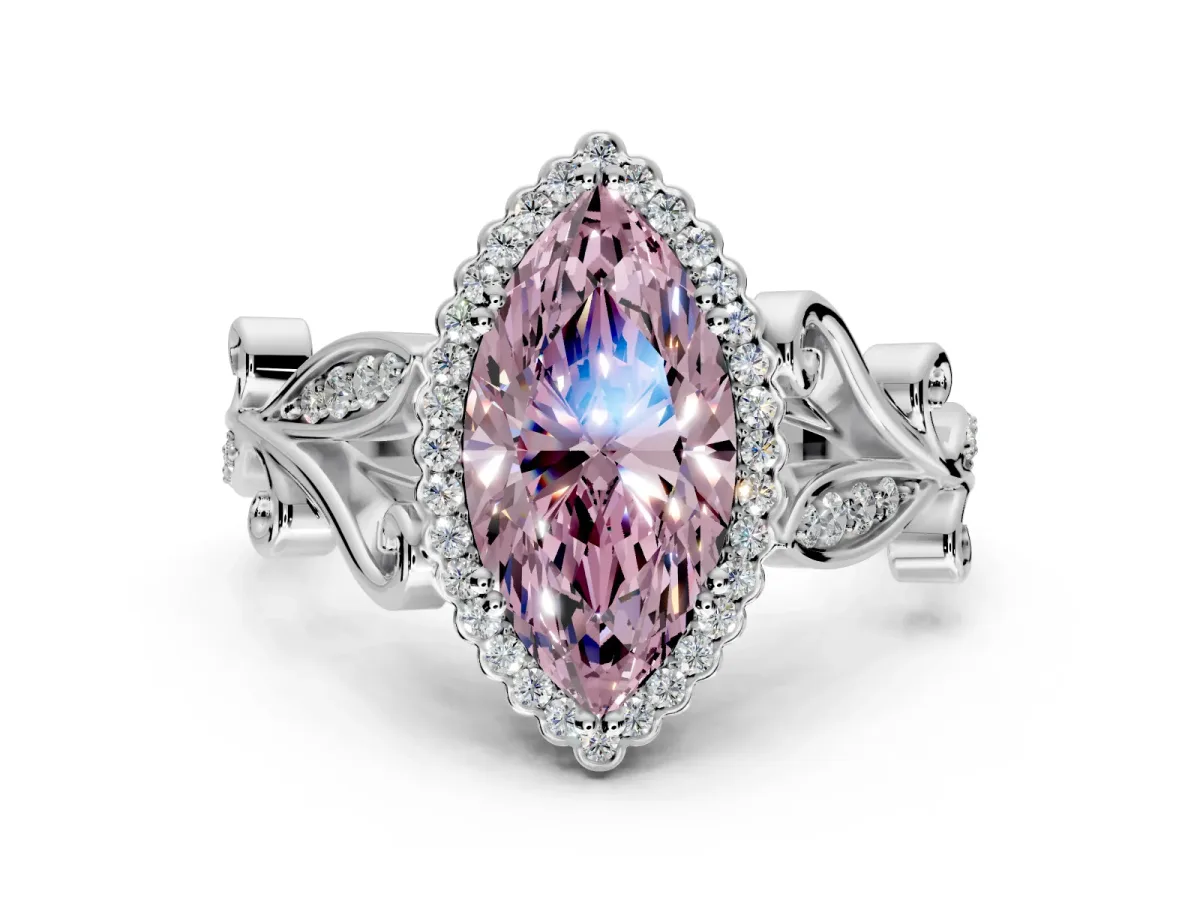 Halo Engagement Ring Setting for Fancy Pink Marquise Center with Leaf Motif Split Shank and Prong Head in Platinum