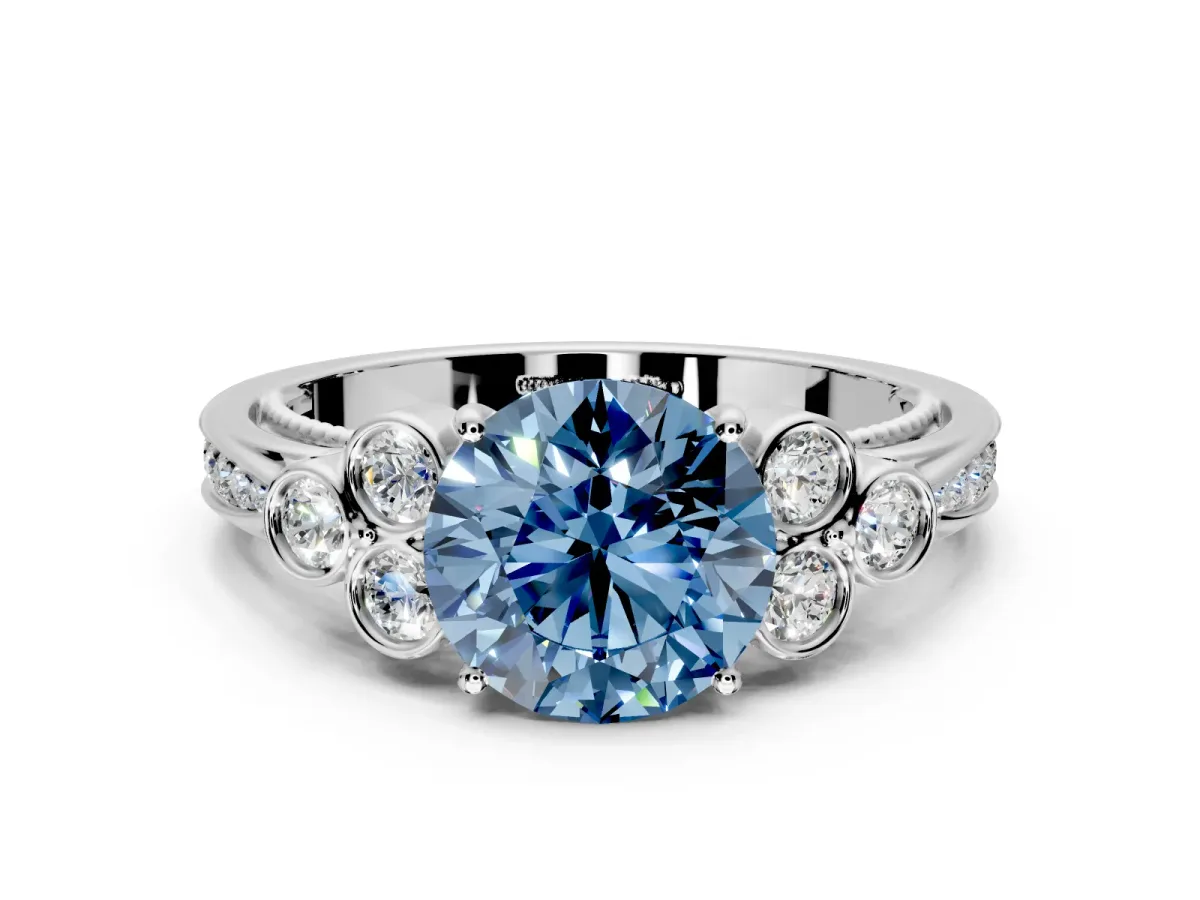 Cluster Engagement Ring Setting for Fancy Blue Round Cut Center with Bezel Accent Clusters and Prong Head in Sterling Silver