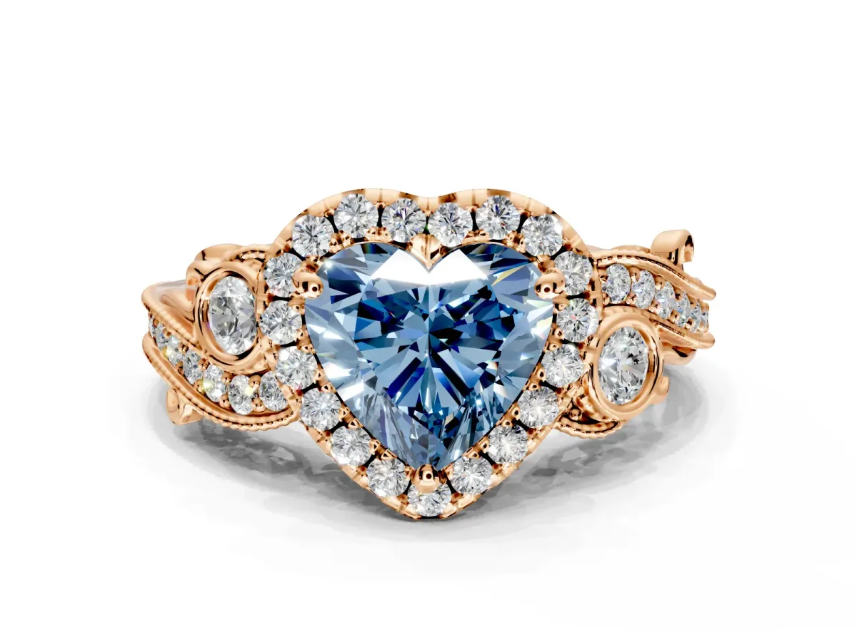 Milgrain Halo Engagement Ring Setting for Fancy Blue Heart-Shaped Center with Shoulder Bezels and Prong Head in Rose Gold