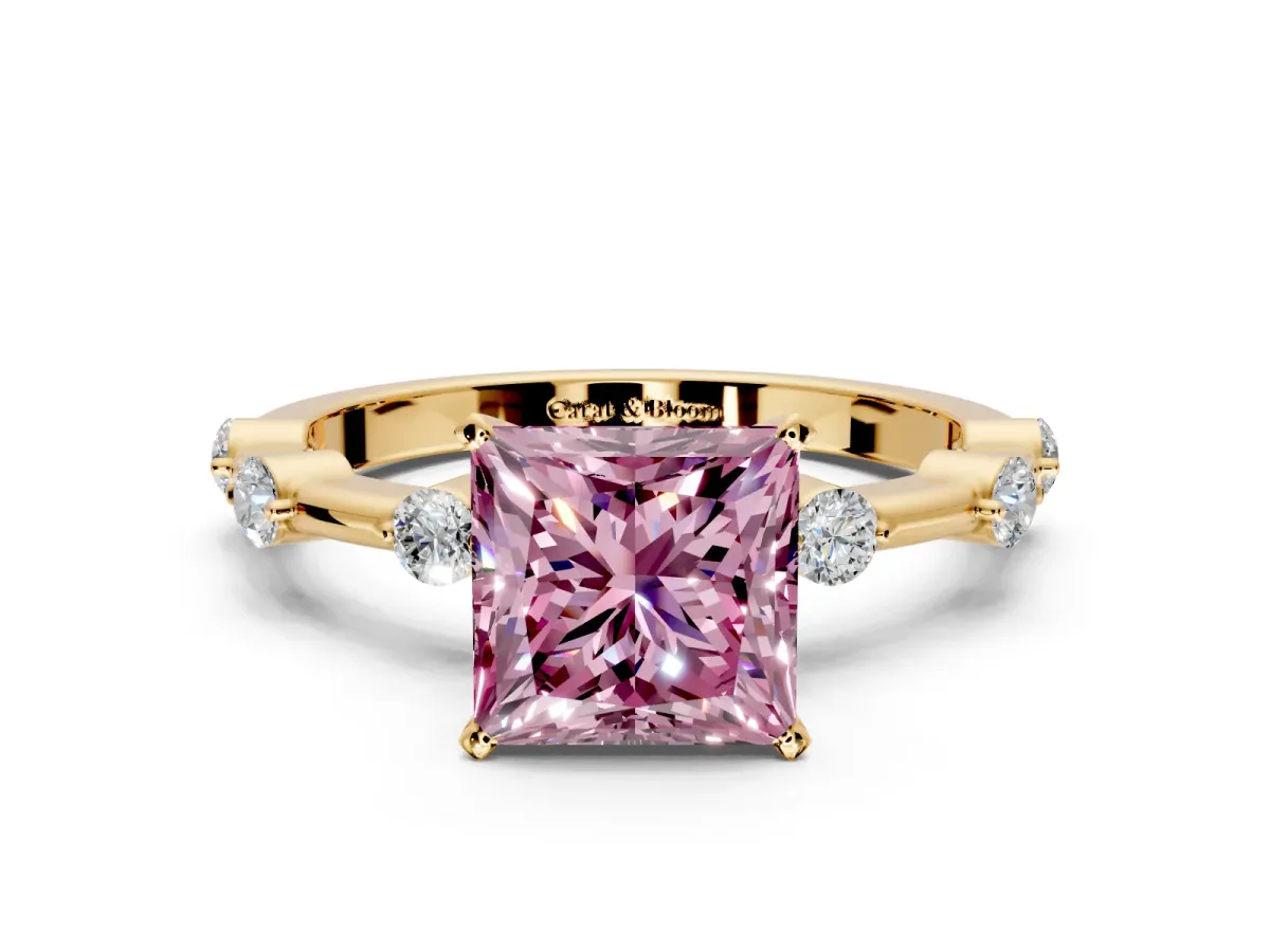 Solitaire Engagement Ring Setting for Fancy Pink Princess Cut Center with Bezel Station Band and Prong Head in Yellow Gold