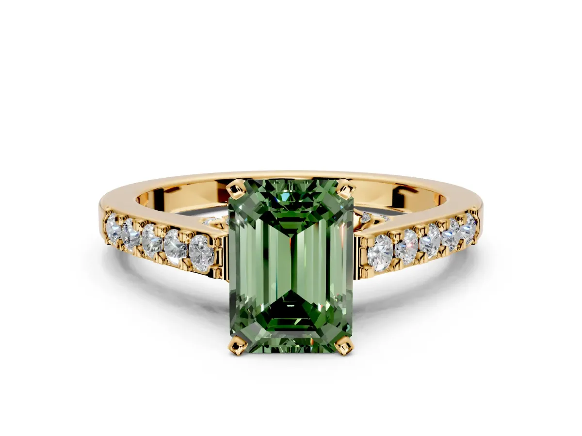 Solitaire Engagement Ring Setting for Fancy Green Emerald Cut Center with Crossover Accents and Prong Head in Yellow Gold