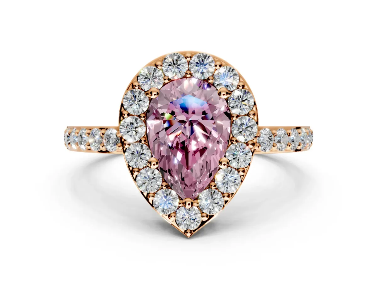 Halo Engagement Ring Setting for Fancy Pink Pear-Shaped Center with Heart-Shaped Openwork, Pave Band and Prong Head in Rose Gold