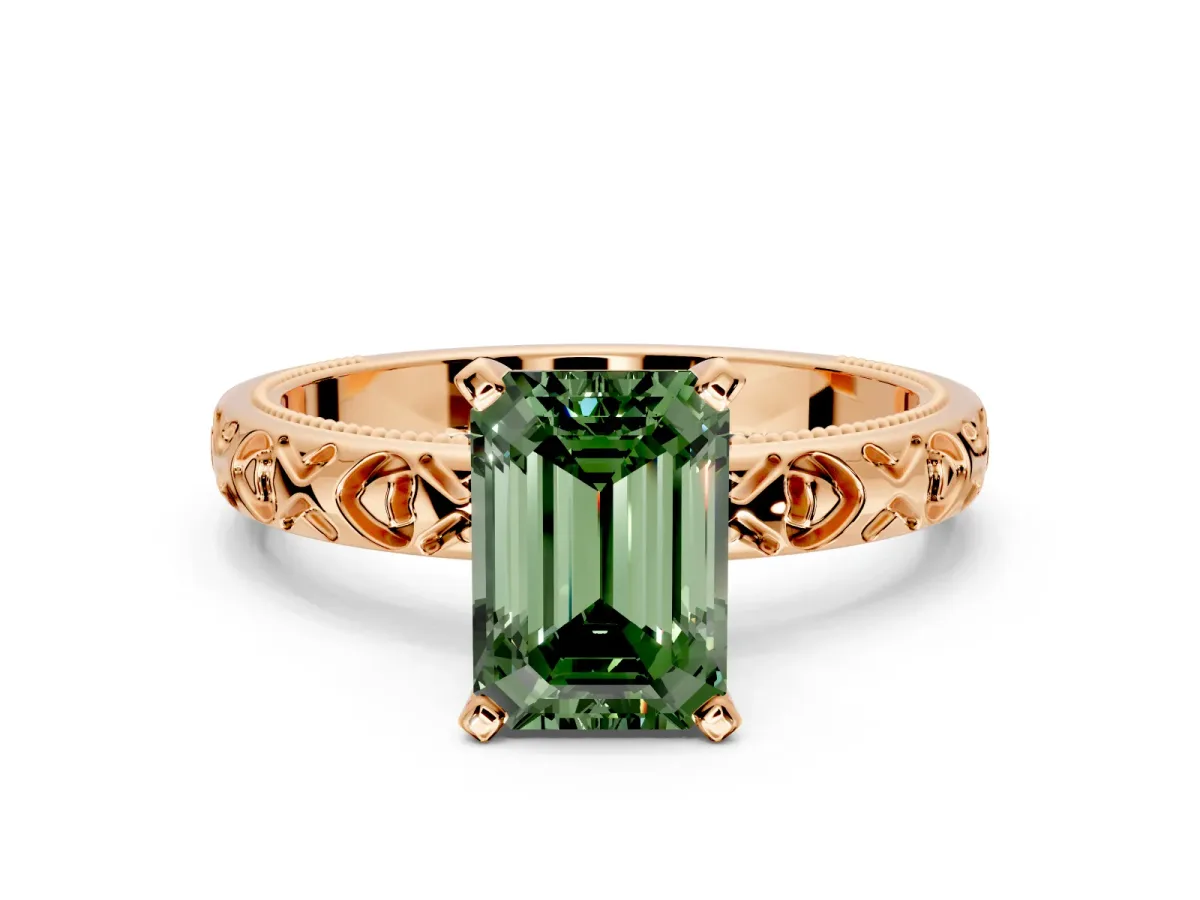 Solitaire Engagement Ring Setting for Fancy Green Emerald Cut Center with XO Engraved Band and Prong Head in Rose Gold