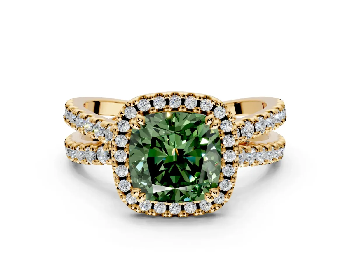 Halo Engagement Ring Setting for Fancy Green Cushion Cut Center with Double Pave Split Shank and Prong Head in Yellow Gold
