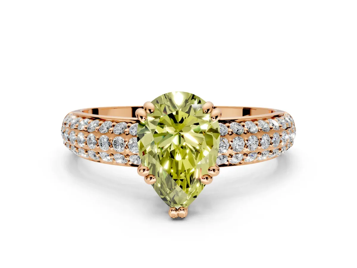 Solitaire Engagement Ring Setting for Fancy Yellow Pear-Shaped Center with Multi-Row Pave Accents and Basket Head in Rose Gold