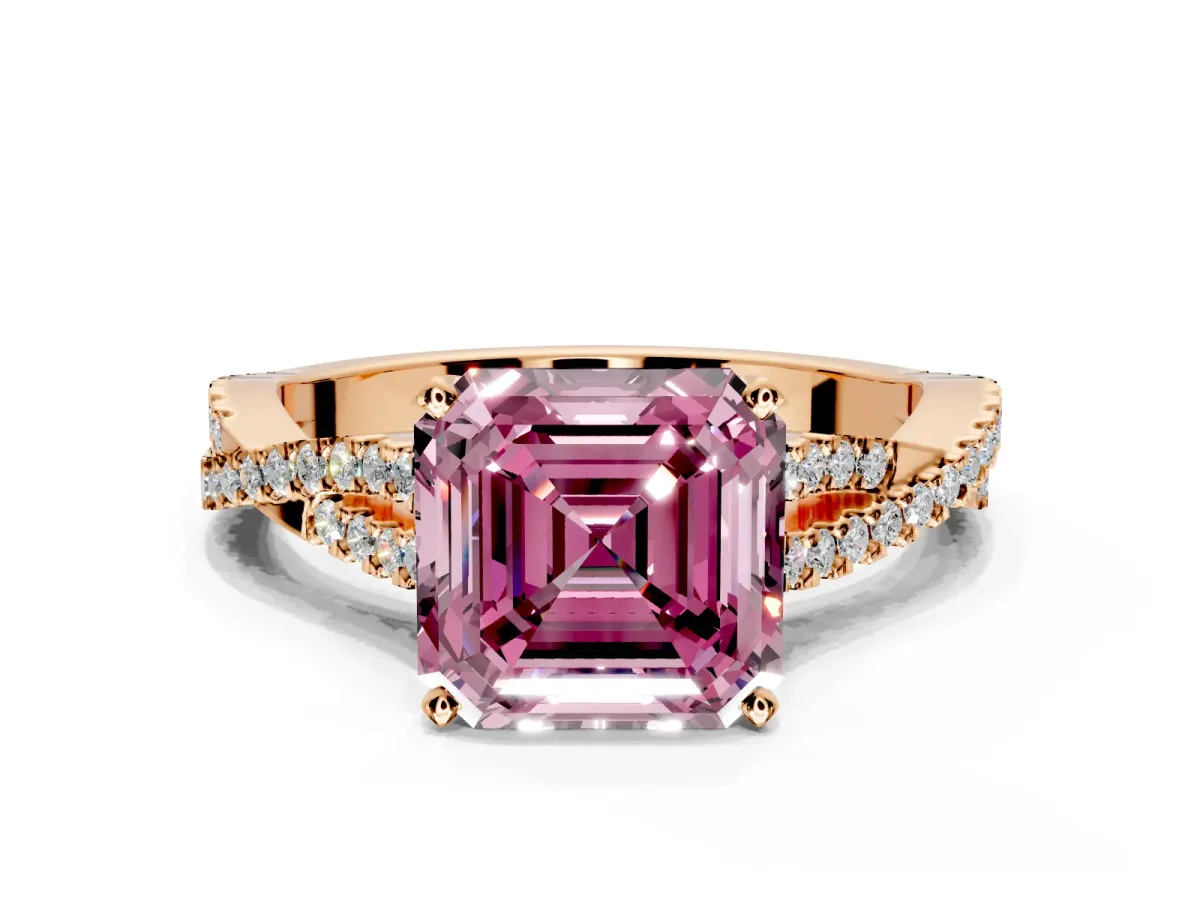 Solitaire Engagement Ring Setting for Fancy Pink Asscher Cut Center with Twisted Pave Split Shank and Prong Head in Rose Gold