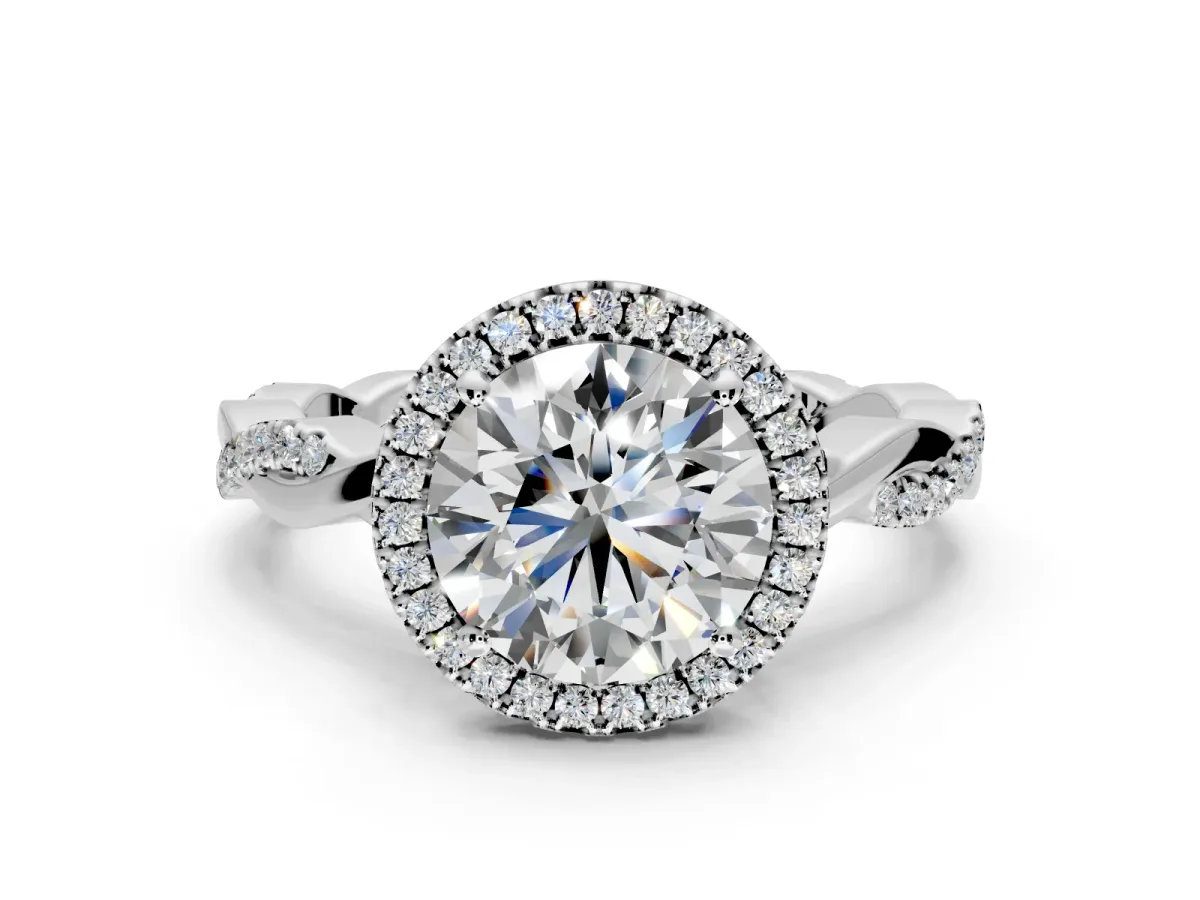 Halo Engagement Ring Setting for Round Cut Center with Pave and Plain Twist Band and Prong Head in White Gold