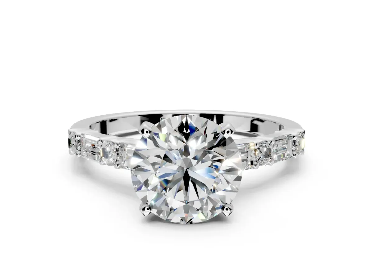 Baguette Engagement Ring Setting for Round Cut Center with Alternating Bar-Set Band and Prong Head in Platinum