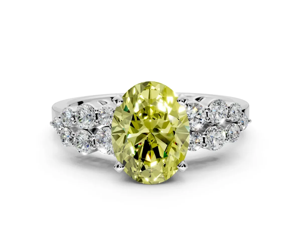 Cluster Engagement Ring Setting for Fancy Yellow Oval Center with 2-Row Shoulder Clusters and Prong Head in Sterling Silver