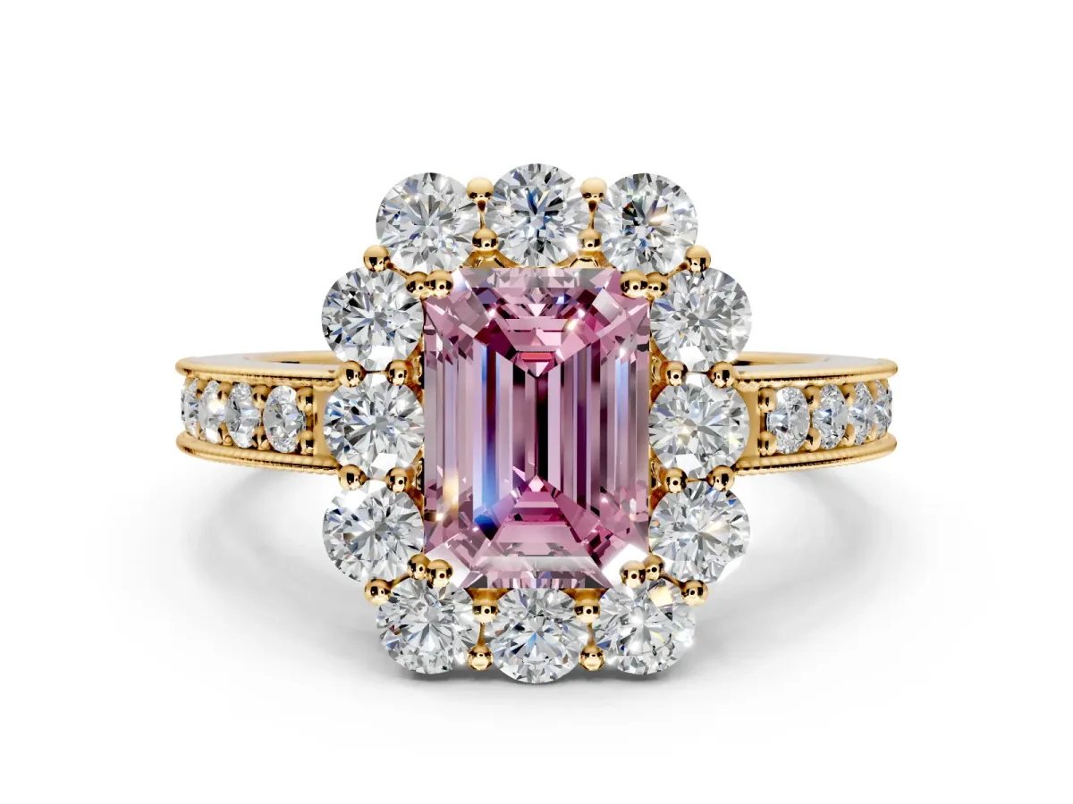 Halo Engagement Ring Setting for Fancy Pink Emerald Cut Center with Milgrain Channel Band and Prong Head in Yellow Gold