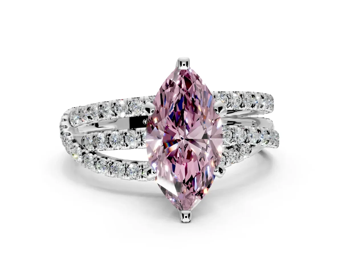 Solitaire Engagement Ring Setting for Fancy Pink Marquise Center with Woven 3-Strand Pave Band and Prong Head in Platinum