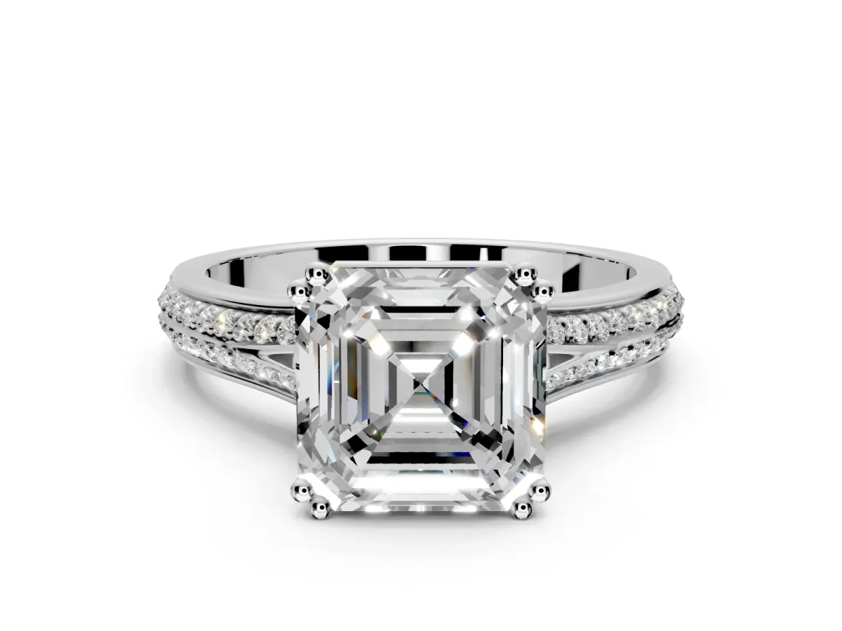 Solitaire Engagement Ring Setting for Asscher Cut Center with Pave Rail Split Shank and Prong Head in Sterling Silver
