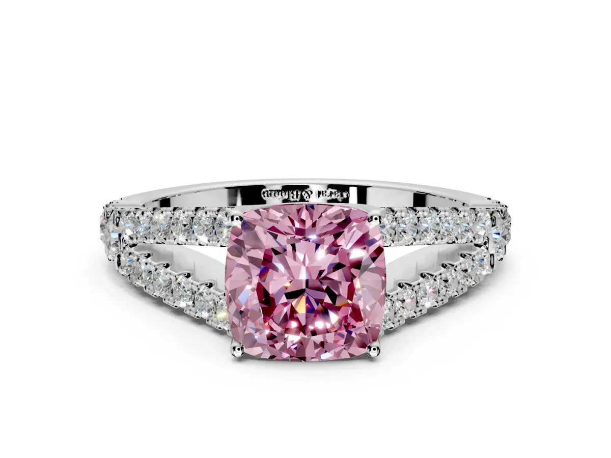 Solitaire Engagement Ring Setting for Fancy Pink Cushion Cut Center with Pave Split Shank and Prong Head in Sterling Silver