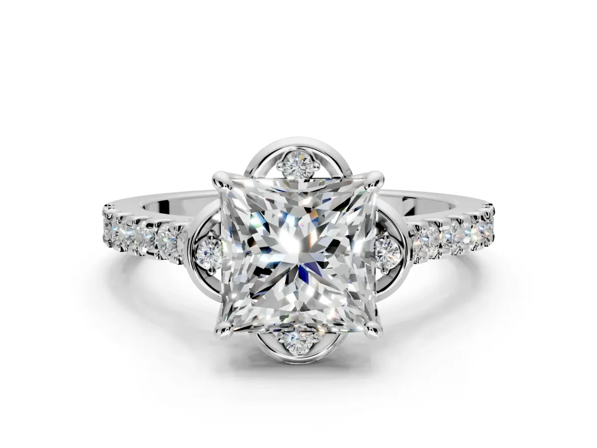 Floral Engagement Ring Setting for Princess Cut Center with Pave Band and Floral Prong Head in Sterling Silver