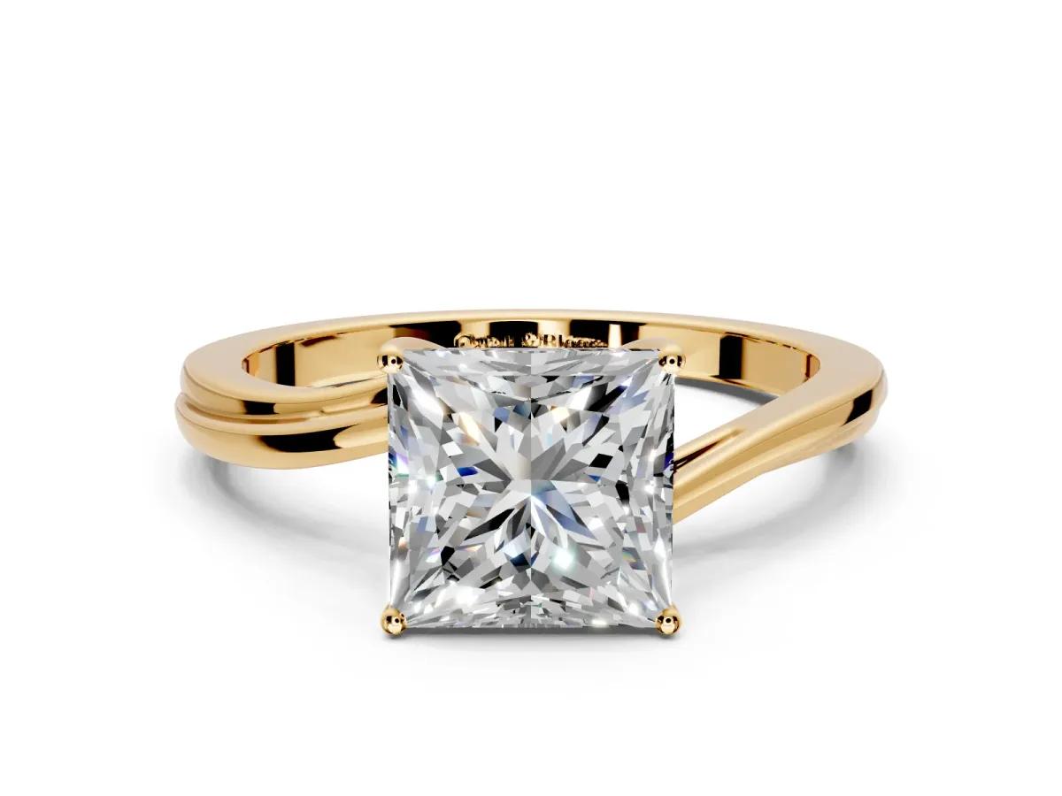 Solitaire Engagement Ring Setting for Princess Cut Center with Plain Bypass Twist Band and Prong Head in Yellow Gold