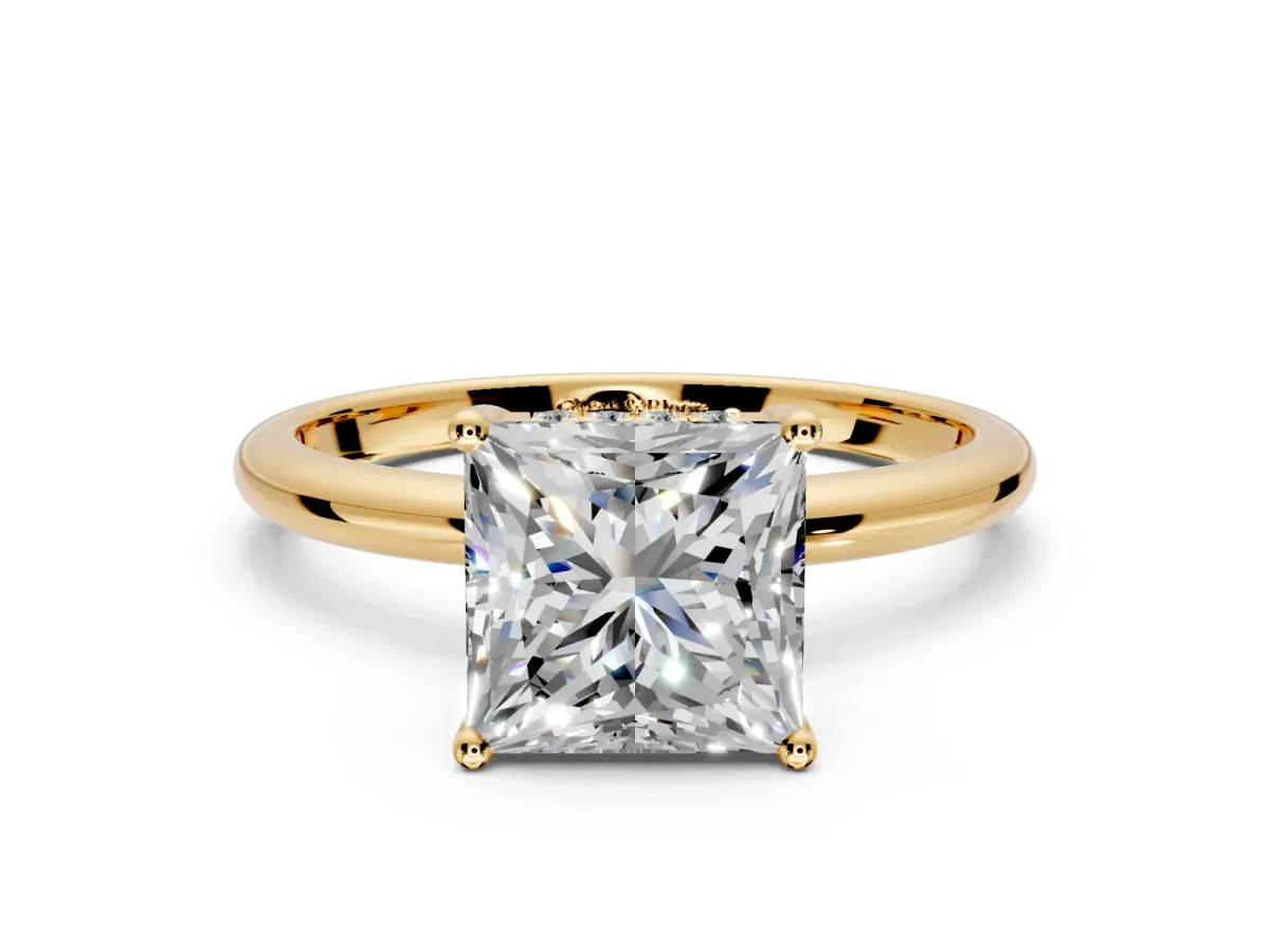 Hidden Halo Engagement Ring Setting for Princess Cut Center with Thin Round-Wire Band and Prong Head in Yellow Gold