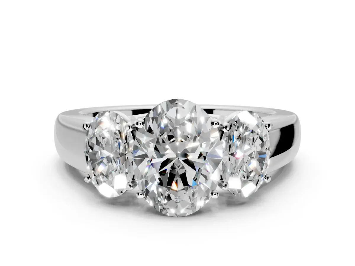 3 Stone Engagement Ring Setting for Oval Center with Raised Basket Heads and Prong Head in Platinum