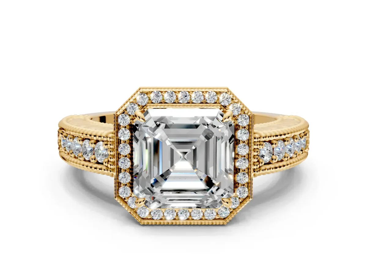 Milgrain Halo Engagement Ring Setting for Asscher Cut Center with Pave Band and Prong Head in Yellow Gold
