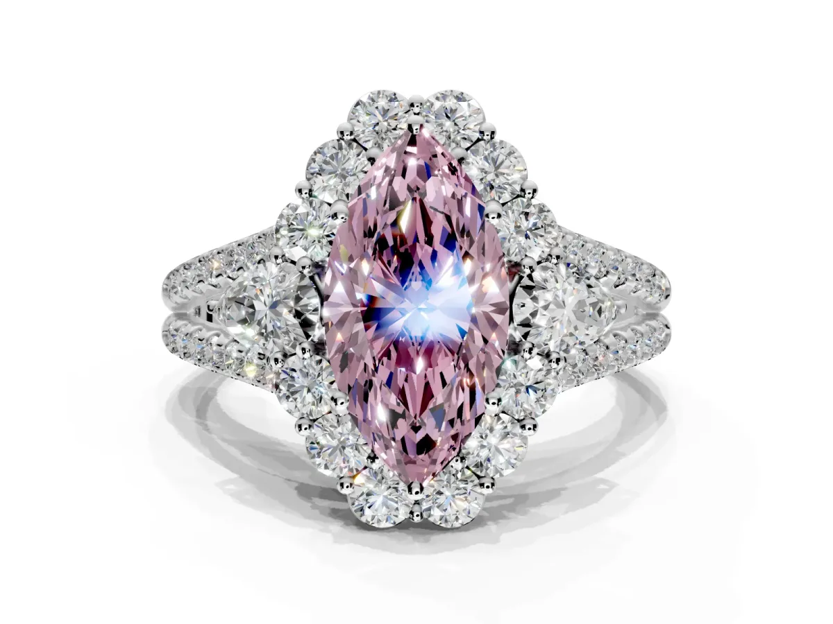 Halo Engagement Ring Setting for Fancy Pink Marquise Center with Two-Strand Split Shank and Prong Head in Platinum
