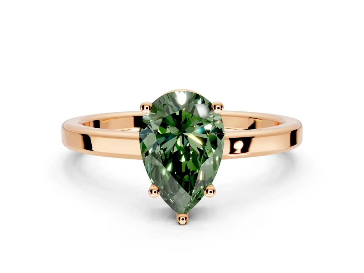 Hidden Halo Engagement Ring Setting for Fancy Green Pear-Shaped Center with Wide Flat Plain Band and Prong Head in Rose Gold