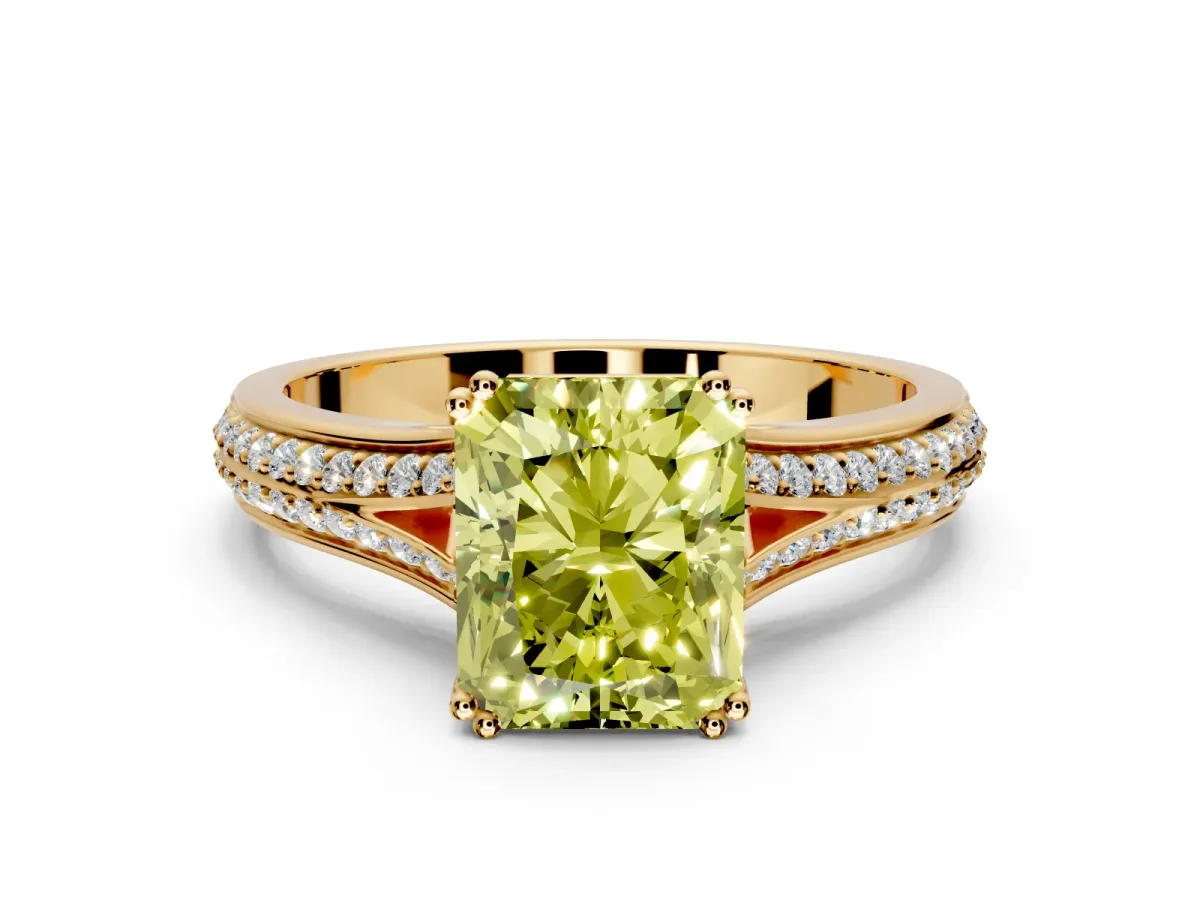 Solitaire Engagement Ring Setting for Fancy Yellow Radiant Cut Center with Pave Rail Split Shank and Prong Head in Yellow Gold