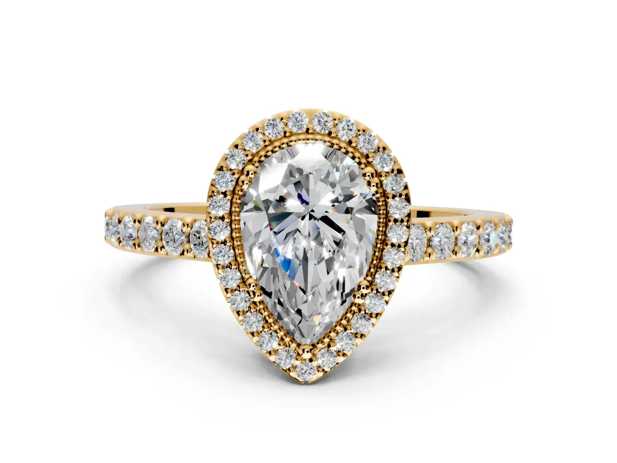Halo Engagement Ring Setting for Pear-Shaped Center with Inner Milgrain Border and Prong Head in Yellow Gold