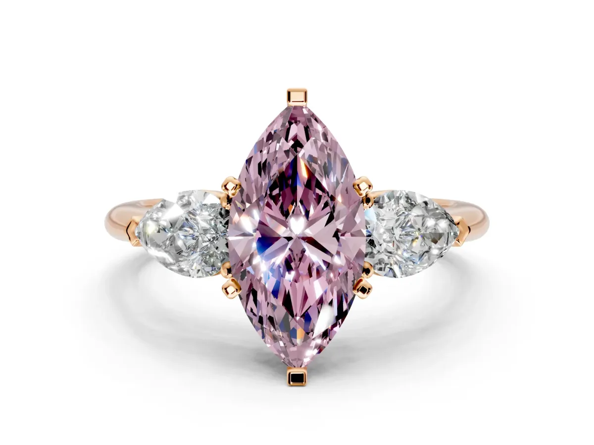 3 Stone Engagement Ring Setting for Fancy Pink Marquise Center with Large Pear-Shaped Accents and Prong Head in Rose Gold