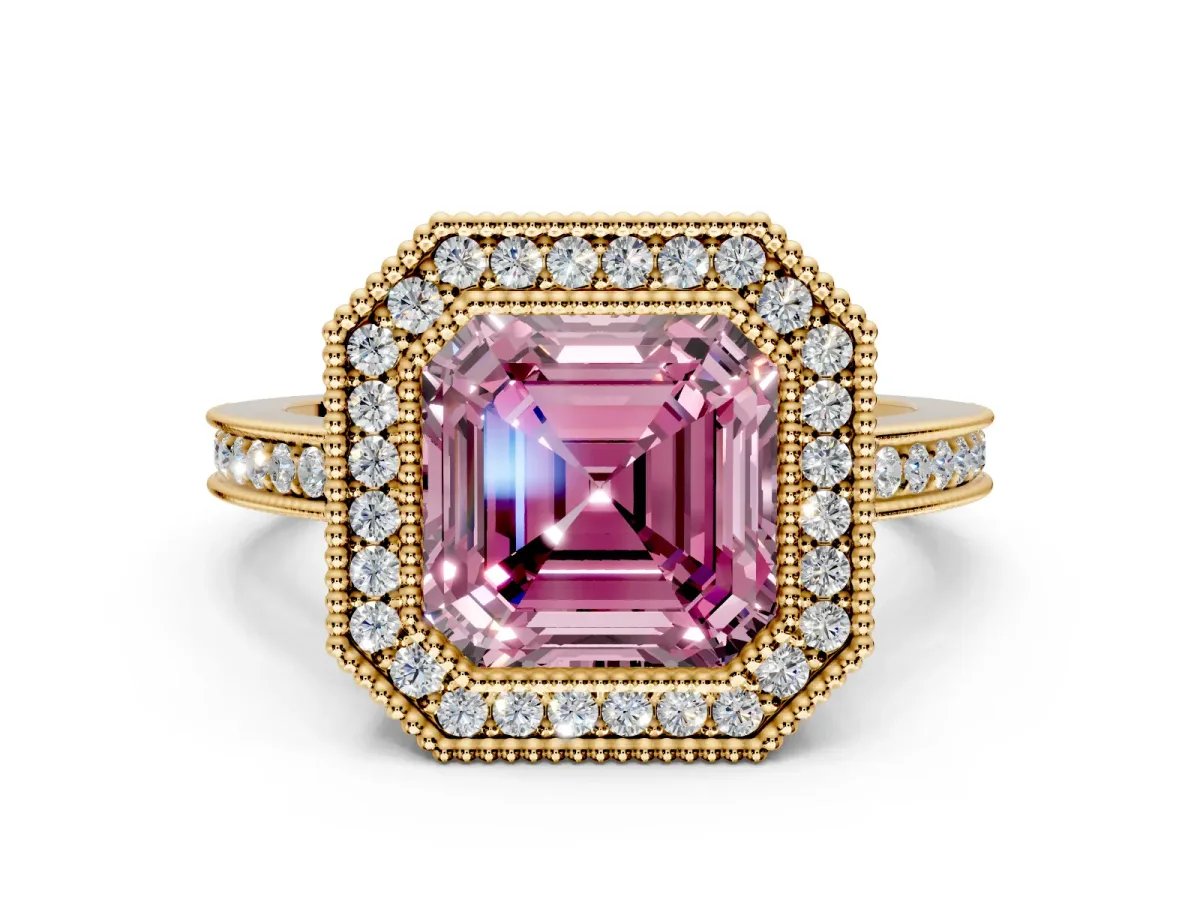 Halo Engagement Ring Setting for Fancy Pink Asscher Cut Center with Milgrain Halo, Pave Band and Prong Head in Yellow Gold
